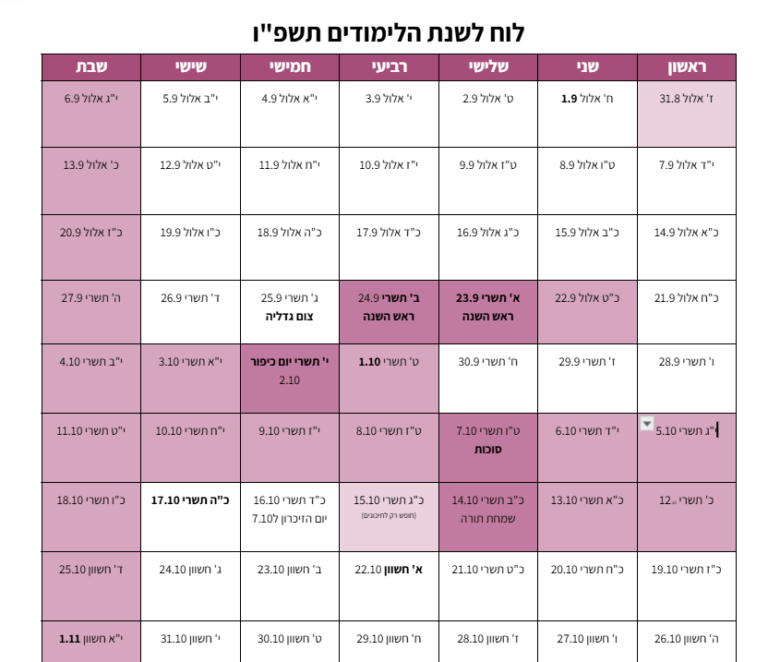לוח שנה גאנט לשנת הלימודים תשפ